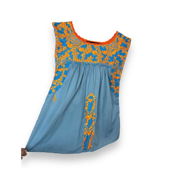 Mi Golondrina azul y naranja Flores Blouse NWOT - Picture 2 of 4